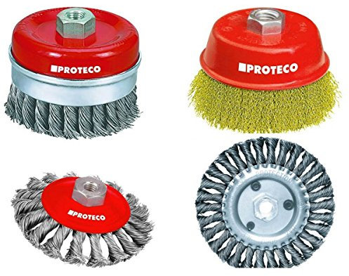 Proteco-Werkzeug® Drahtbürste Set 4 tlg für Winkelschleifer Stahldraht Topfbürste Kegelbürste Rundbürste Gewinde M14 x 2,0
