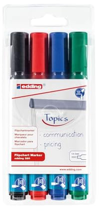 edding 380 Flipchart-Marker - 4er-Set - schwarz, rot, blau, grün - Rundspitze 1,5-3 mm - Stift zum Schreiben, Zeichnen und Markieren auf Flipcharts -Tinte schlägt nicht durch Papier-trocknet nicht aus