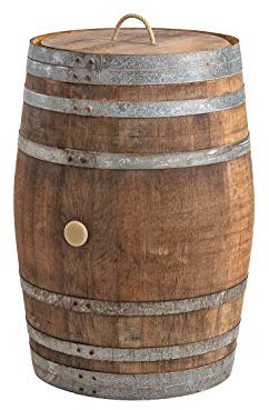 Temesso Regentonne mit Deckel, Regenfass Holzfass, Weinfass, Tonne, Eiche 225 Liter Wasserfass - original Fass (Deckel Kordel/Seilgriff)