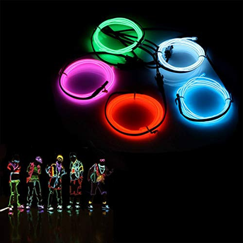 5x1M Fil Néon à Pile EL Câble Guirlande Lumineuses 3 Mode Éclairage Fix Clignotant Stroboscope Tube Fluo El Wire Déco Vêtement Festif Soirée Fête Mariage Voiture Vélo Intérieur (5 Couleur)