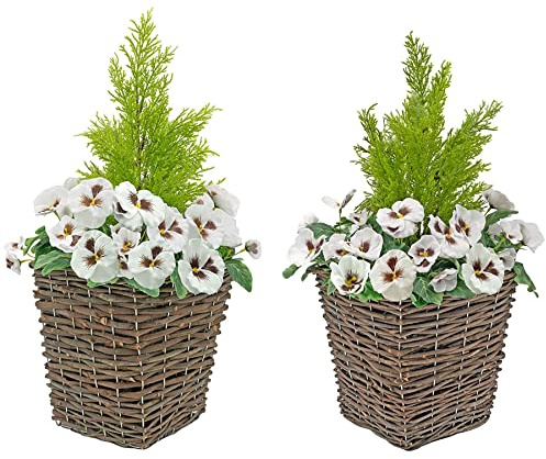 GreenBrokers A1014-02 Lot de 2 Pots de Fleurs artificiels Pensées conifères et cèdre topiaire Blanc
