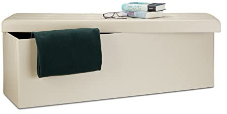Relaxdays Faltbare Sitzbank HxBxT 38 x 114 x 38 cm, XL Kunstleder Sitztruhe, Aufbewahrungsbox mit Stauraum, Creme
