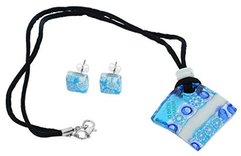 Murano Glas Millefiori Halskette und Ohrringe Set - Weiß und Blau