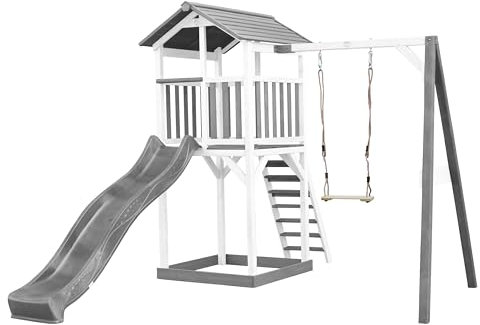 AXI Beach Tower Spielturm aus Holz in Weiß & Grau | Spielhaus für Kinder mit Grauer Rutsche, Schaukel und Sandkasten | Stelzenhaus für den Garten