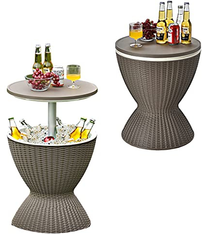 RELAX4LIFE 3 in 1 Beistelltisch Outdoor, Kühltisch in Rattanoptik, Getränkekühler höhenverstellbar, 30 L Cool Bar mit abnehmbarem Deckel & Abflussloch, bis 75kg belastbar, für Party & Camping, Braun