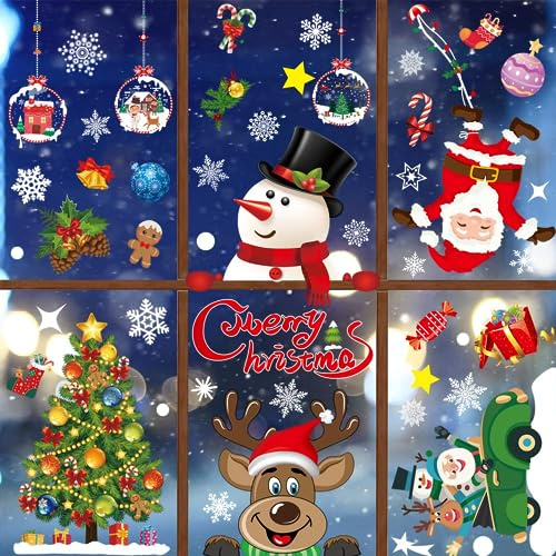 Fensterbilder Weihnachten 8 Blätter Fensteraufkleber Fenstersticker Rentier Fensterdeko Schneeflocken Weihnachtsmann Fensterdeko Schneeflocken Fensterbilder für Türen Schaufenster