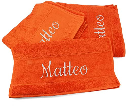 Handtücher 3er Set mit Namen oder Wunschtext bestickt - Farbe Orange - 3 verschiedene Größen: 180 x 100 cm, 140 x 70 cm und 100 x 50 cm, personalisiertes Duschtuch - Badehandtuch, 100% Baumwolle