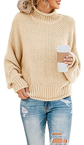 Saodimallsu Polotröja för damer, oversized sweatshirt med långa fladdermusärmar, lös passform och grovstickad, tröja med ledig design, Aprikos, L