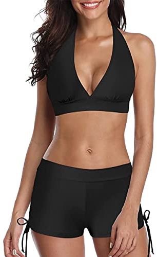 TBSCWYF Dambikiniset rygglös bandeau tankinis justerbar crossover uppåtvänd bikiniöverdel hög midja trekantig bikinibyxor tvådelad baddräkt dam flerfärgad tankini, svart, XL