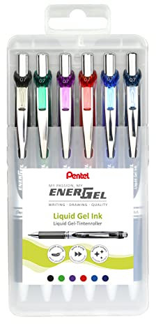 Pentel BL77-6 EnerGel Gel-Tintenroller mit Druckmechanik, 0,7 mm Kugeldurchmesser = 0,35 mm Strichstärke, nachfüllbar, aufstellbare Kunststoff-Box, Inhalt 6 Stück, farblich sortiert, 12 Farben