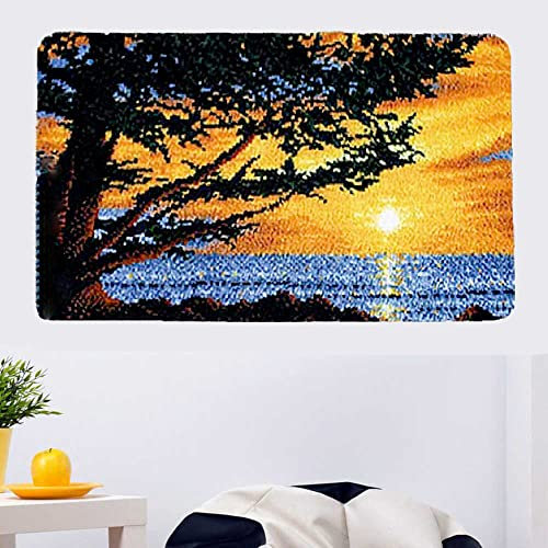 VIONNPPT Bilmatta för självknytning, gör-det-själv-broderikudde, matta, oavslutad, virkmatta, tillverkningssats, barn och vuxna, latch hook rug, gåva (landskapsträd, 60 cm x 40 cm)