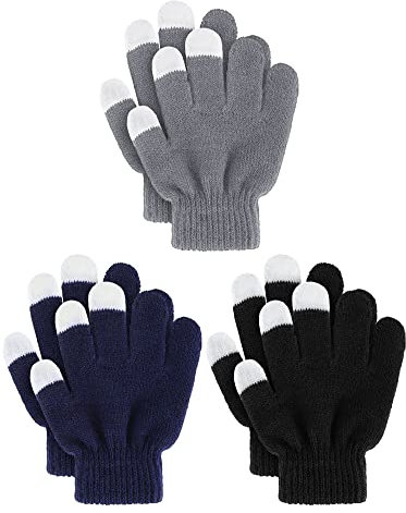 SATINIOR 3 Paar Kinder Winter Handschuhe Vollfinger Kinder Fäustlinge Kleinkind Strickhandschuhe (Schwarz, Marineblau, Grau)
