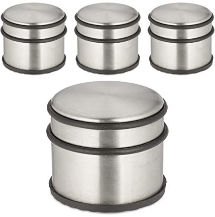Relaxdays Türstopper Edelstahl, 4er Set, HxD: 7,5 x 9 cm, hoch & schwer, rutschfest, Türzuschlagbremse, Silber/schwarz