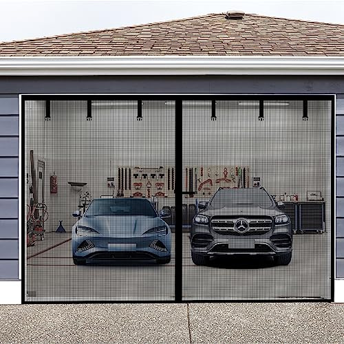 Magnetic Garage Screen Door for 2 Car Garage Doors 16x7FT- Reinforced Self Sealing Fiberglass Mesh Door with 6 Strapping Tapes, High Energy Magnets, Hands Free Door Screen with Closure Weighted Bottom
