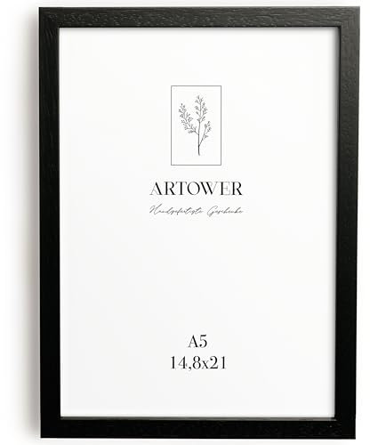 Artower® Bilderrahmen für DIN A5 15 x 21 cm Schwarz Holz Dünner Rahmen | Dokumentrahmen Zertifikatrahmen Collage | Picture Frame Black Wood 14,8 x 21cm | Holzbilderrahmen Poster Rahmen Echtholz