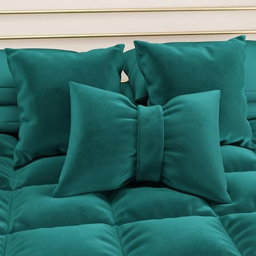 PETTI Artigiani Italiani - Sofakissen aus Samt mit Füllung, Kissenbezüge für Schlafzimmer, Dekokissen mit verdecktem Reißverschluss, Kissen Samt Petrol Schleife 1 Stück - 50x40 cm