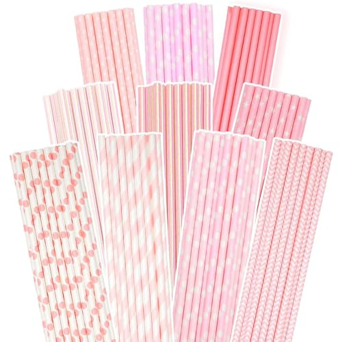 Gcardist Rosa papperssugrör, 150-pack engångssugrör i bulk (10 mönster)