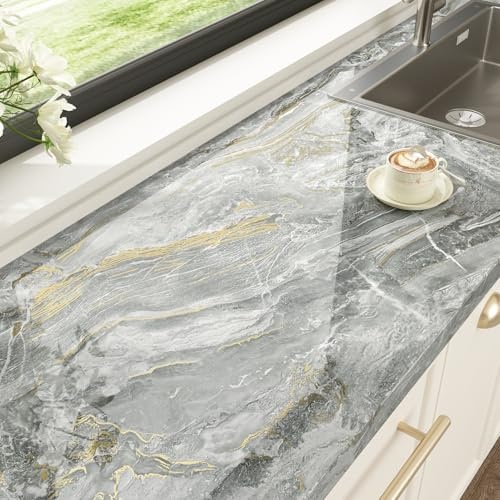 HotDecor Klebefolie Möbel Glanz Tapete Grau Gold Möbelfolie Marmor Selbstklebend Wand Tapeten Vintage Abwaschbare Marmor Folie Arbeitsplatte Küche Klebefolie Marmoroptik Grau für Schrank 60cm X 300cm