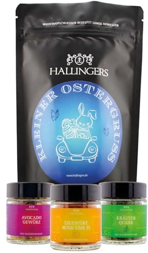 Hallingers Genuss Manufaktur Feinkost Oster-Geschenk-Set - wertig in der Wundertüte Kleiner Ostergr... kleines Osternest Pralinen-Ostereier & Oster-Avocadogewürz, Ostern Körbchen für Frauen Männer