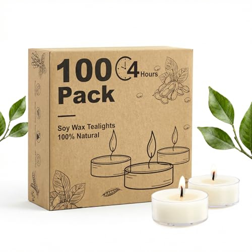Hypmis Unscented Soy Tea Lights Candles 100 Pack Bulk, 4 Hours Long Burning White Tea Lights,Non-Paraffin, Smokeless, Mini Tealight Votive Candles for Wedding, Table Centerpiece, Christmas Lights