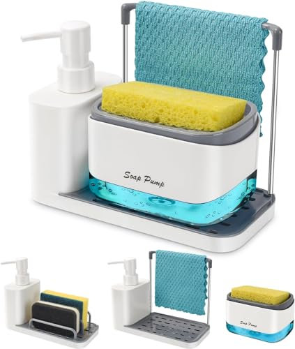 Spülmittelspender Küche Set Weiß,Yulado Seifenspender K üche mit Tablett und Schwammhalter,Waschmittel Wiederbefüllbar,Geeignet für Küchenspüle