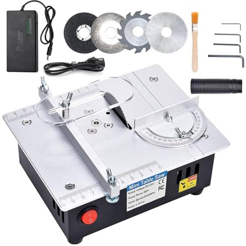 Mini sega circolare da tavolo, alimentatore di rete a 7 velocità, precisione regolabile, con 4 lame, 96 W, sega circolare da tavolo, lama da 0,1 – 15 mm, regolabile in altezza e linguetta di sicurezza
