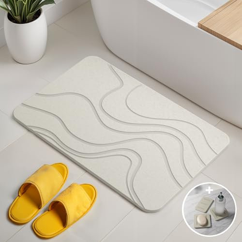Björn&Schiller Tappeto da bagno in pietra, set, assorbente a rapida asciugatura, antibatterico, antiscivolo, altamente assorbente in diatomite, tappetino da doccia 60x39 cm, bianco