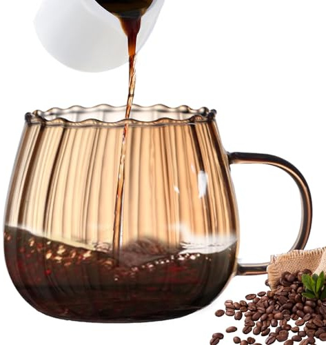 Gerippt Glas Kaffeebecher, Transparenter Becher Mit Henkel 400ml, Doppelwandige Kaffeegläser, Teegläser, Cappuccino Gläser, Eiskaffee Gläser, Konvexe Glasbecher Mit Großem Fassungsvermögen, Spülmaschi