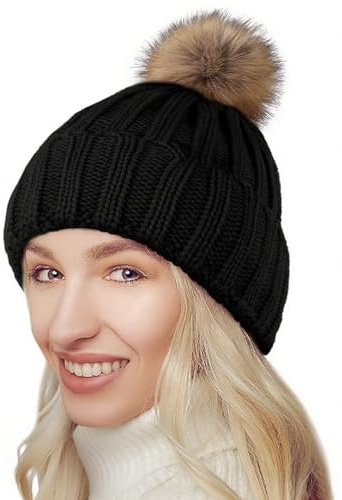 NEOLA Gorros de Invierno para Mujeres - Gorro Beanie con Forro Polar Damas Gorro de Punto Suave y Cálido con Pompón Desmontable de Piel Sintética Gruesa para Deportes al Aire Libre Esquí UK, M