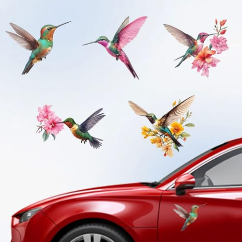 Hobbspring 5 Styles Oiseaux Autocollants de Voiture Colibri Décalcomanies en Vinyle Belles Fleurs D'Oiseaux aux Couleurs Vives Décoration en Plastique Autocollants pour Auto Voitures 15.5x14.8cm