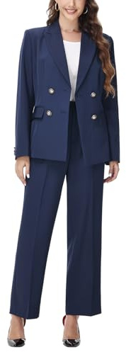 Lamgool Women's 2 Piece Set Double Breasted Blazer and Pants Suit Business Outfits for Work Office(Deep Blue,3XL)
