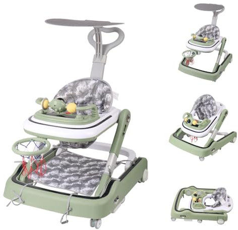 OHMG Lauflernhilfe 4 in 1 für Babys mit abnehmbarem Futter und Musiktablett und Lichtern, Aktivitätstracker faltbar für Jungen/Mädchen, Aktivitätszentrum mit Basketballständer