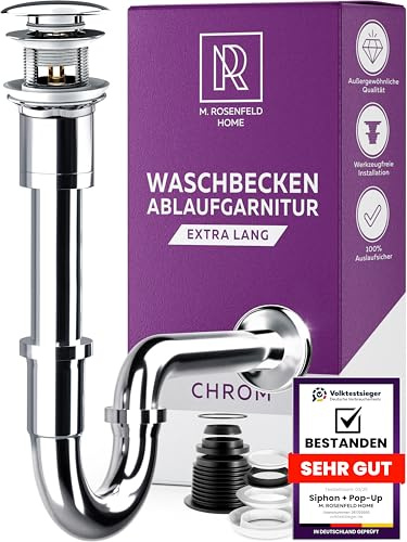 M. ROSENFELD HOME Extra Lang Siphon Waschbecken Ablaufgarnitur mit Überlauf POP UP - Abflussrohr für Waschtisch - Geruchsverschluss Röhrensiphon aus Edelstahl (Größe XL)