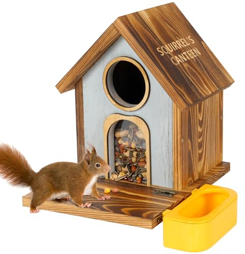 MIXXIDEA Eichhörnchen-Futterspender aus Holz, große Kapazität, Eichhörnchen-Futterspender für draußen, stabile Konstruktion, keine Montage, schöne Streifenhörnchen-Futterstation für Mais, Erdnüsse