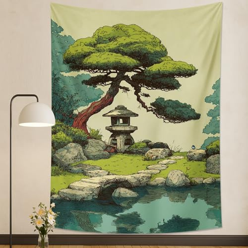 Japanese Zen Garden Green Tapestry, Pine Tree Stone Lantern Scenic Decorative Wall Hanging, Tranquil Aesthetic Home Decor Tapestries for Bedroom, Living Room, Meditation Space 70x90 Inch