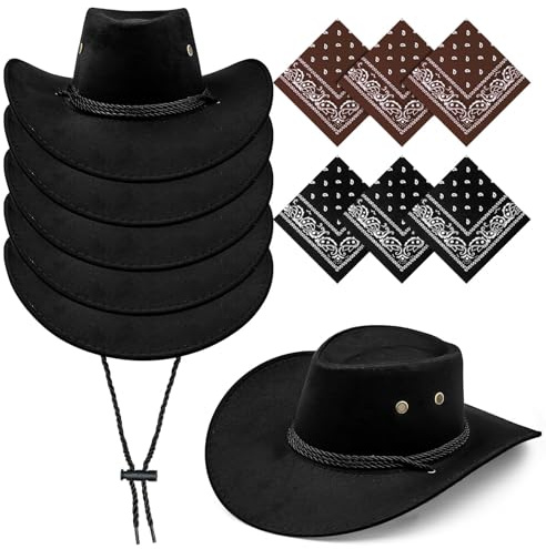 ASMIZ Lot de 6 Noir Chapeaux de Cowboy et 6 Bandanas Western - Accessoires de Déguisement pour Groupe, EVG/EVJF, Soirée à Thème, Festival, Anniversaire et Photobooth - Adulte Unisexe