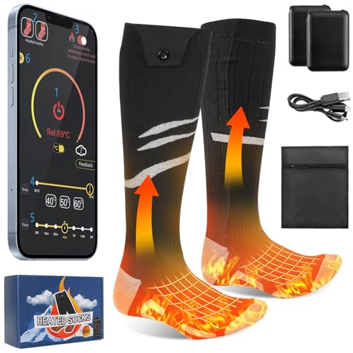 Olycism Chaussettes Chauffantes avec APP Batterie Rechargeable 5000mAh Chaussettes Chauffantes pour Hommes et Femmes 4 Températures Réglables Cyclisme en Plein Air Camping Randonnée Moto Ski Taille L