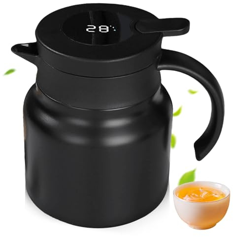 1.5L Thermoskanne, Thermokaraffe aus Edelstahl, Teekanne Thermo 316 Edelstahl Doppelwandige Vakuumisolierung, 24 Stunden Kaffeekanne Thermo mit Temperaturanzeige für Kaffee Tee Wasser Getränk(Schwarz)