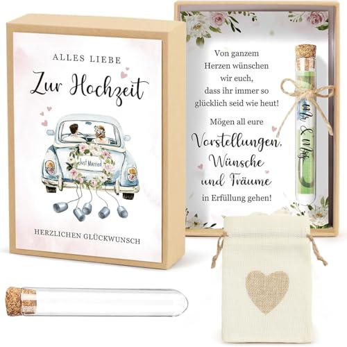 Hochzeitsgeschenk Geldgeschenk Box mit Glückwunschkarte, Geld Verpackung für Brautpaar, Geschenkbox mit Reagenzglas, Jutesäckchen und Karte, Modern und Stilvoll