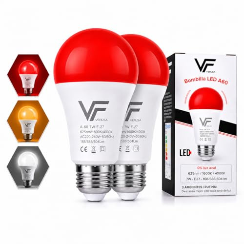 VERLSA Bombilla (3 En 1) E27 - Luz Roja Nocturna Melatonina 630nm + Ámbar 1600K + Neutra 4000K - 3 Tonalidades Flicker-Free, Sin Luz Azul, Bombilla Roja LED Para Dormir (Rosca E27 / 2 Unidades)