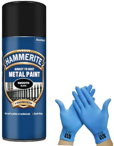 Hammerite Direct to Rust Metal Spray Paint Smooth Black 400ml + Free Nitrile Gloves | Fast-Drying Aerosol, Long-Lasting Rust Protection for Indoor & Outdoor Metal (BLACK)