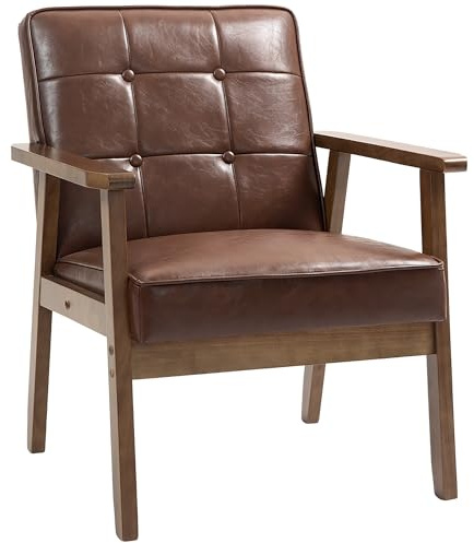 HOMCOM Fauteuil de Salon, Fauteuil de Chambre en Cuir synthétique avec Dossier capitonné, accoudoirs, Pieds en Bois Massif, Marron