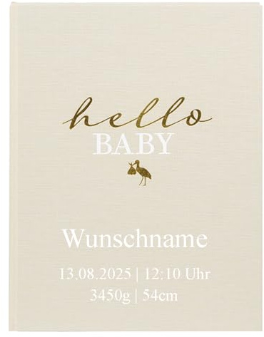Babyalbum Mein Erstes Jahr personalisierbar mit Name Babytagebuch 44 Seiten Hardcover Leineneinband (Beige)