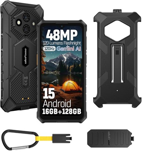 Ulefone RugKing 3 Pro Movil Resistente, Android 15 AI Smartphone 16GB+128GB/SD-2TB 5700mAh 6,56” 120Hz Teléfono, Octa-Core Cámara 48MP+8MP, 120LM Super Torch/3-Slots/IP68/IP69K/OTG/NFC/GPS Negro