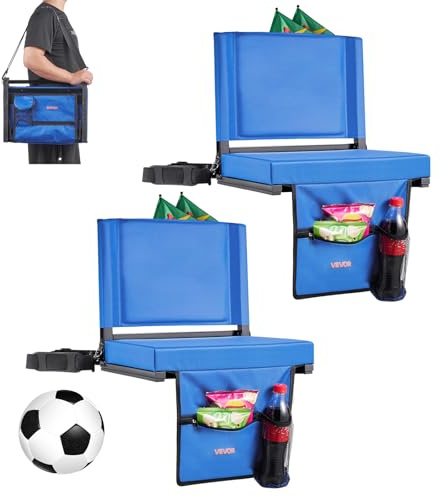 VEVOR Siège de stade pliable, 2 pcs, chaise de gradin avec dossier et coussin épais, chaise de stade rembourré avec bandoulière, crochets, porte-gobelet et poche latérale, pour événement sportif, bleu