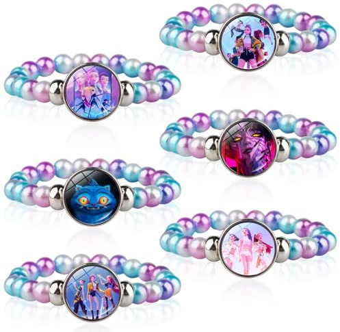 HYZMSZA 6 Pièces kp0p Dem0n Hun-ters Bracelet Amitié, Bleu Violet Bracelet Perles Femme, Empilable Bracelet Enfant, Petit Cadeau Anniversaire Enfant Invité