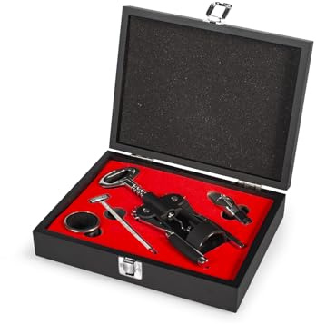H&H Sommelier-Set aus schwarzem Holz – 5-teiliges Wein-Set mit Doppelhebel-Korkenzieher, Ausgießer, Tropfring, Thermometer – elegante Geschenkidee für Weinliebhaber
