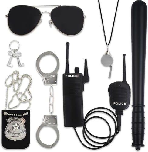 Polizei Kostüm Damen, Faschingskostüme Damen, 7 Teiliges Polizei Zubehör set mit Handschellen, Dienstmarke, Pfeife, Sonnenbrille, walki talki und Schlagstock, für Halloween Fasching Cosplay Party