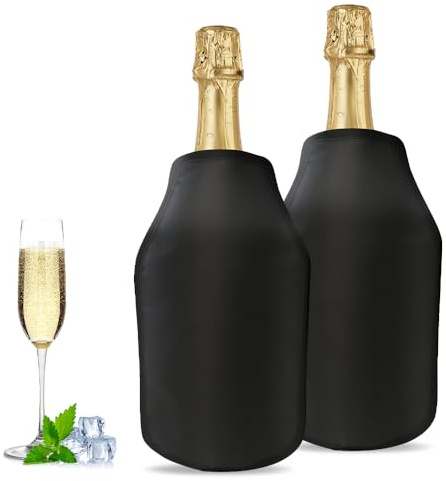 Weinkühler Manschette, 2 Stück Kühlmanschette Wein, Wasserabweisender Stoff, Flaschenkühler Manschette für Wein, Bier, Sekt, Champagner, Flaschen (Schwarz)