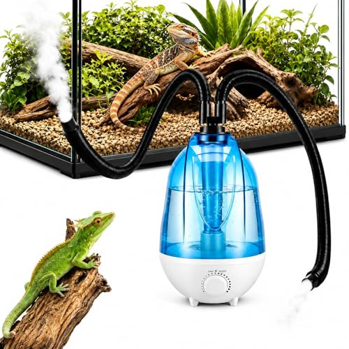 Reptilie Luftbefeuchter Terrarium, 4L Beregnungsanlage Terrarium 300mL/h,Verstellbarem Schlauch,7 Farben der Nachtlichtfunktion,Trockenlaufschutz, Ultraleiser Vaporizer Nebelmaschine mit Doppeldüse